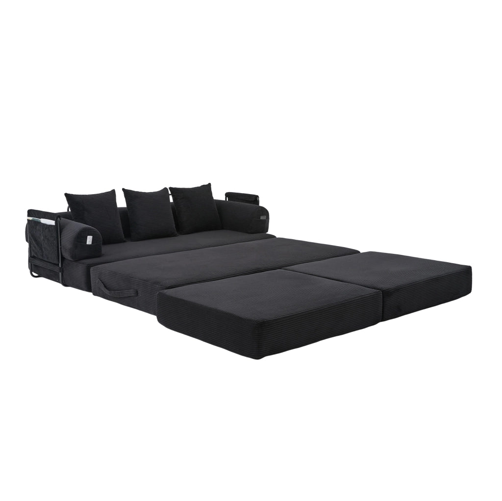 Divano modulare 200x190x67 cm con pouf e tasca laterale, rivestimento in velluto a coste nero