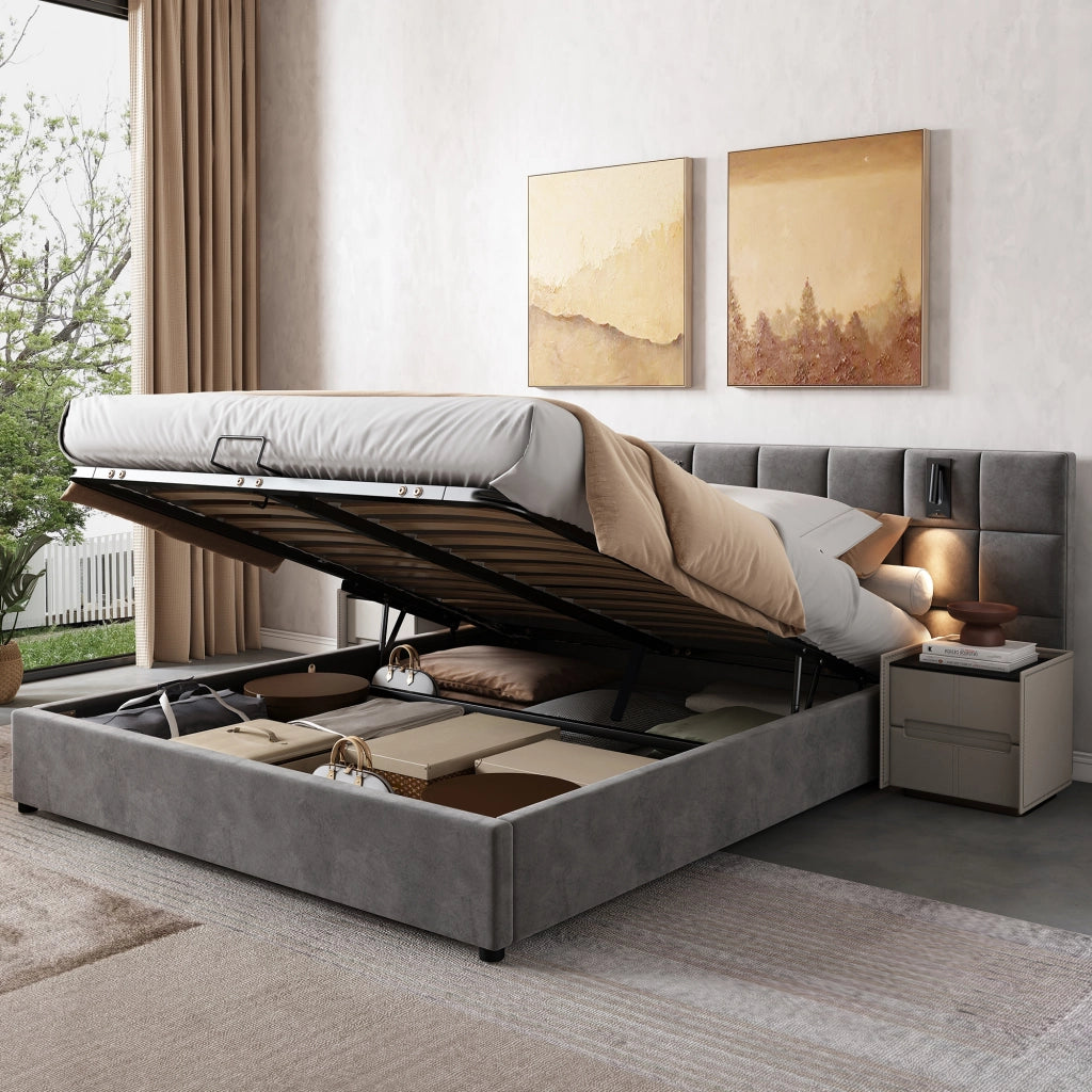 Letto matrimoniale imbottito 180 × 200 cm contenitore idraulico in acciaio grigio con luce da lettura e USB