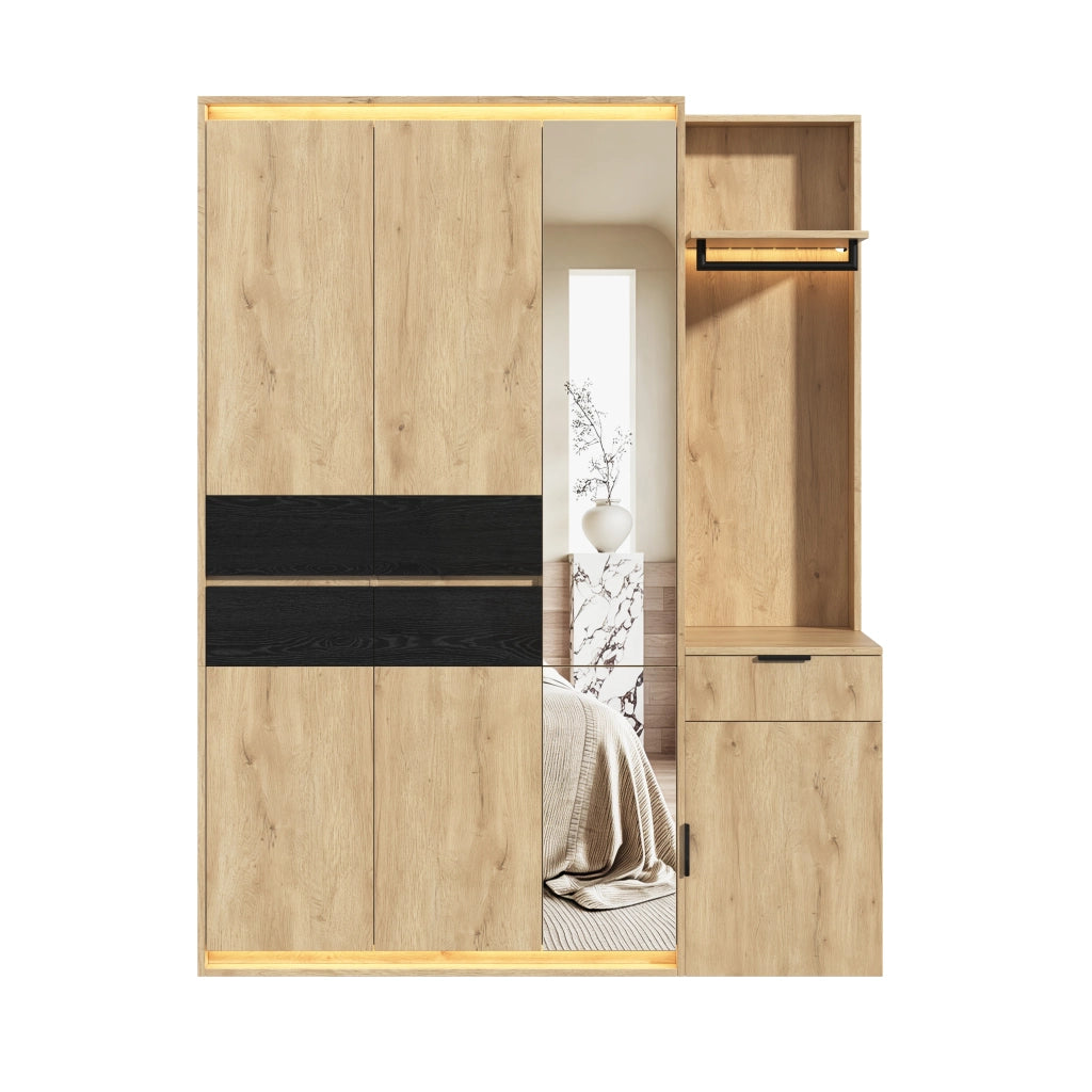 Armadio ingresso con 3 barre appendiabiti, 5 cassetti, specchio e 3 luci LED in MDF rovere 155x47x200 cm