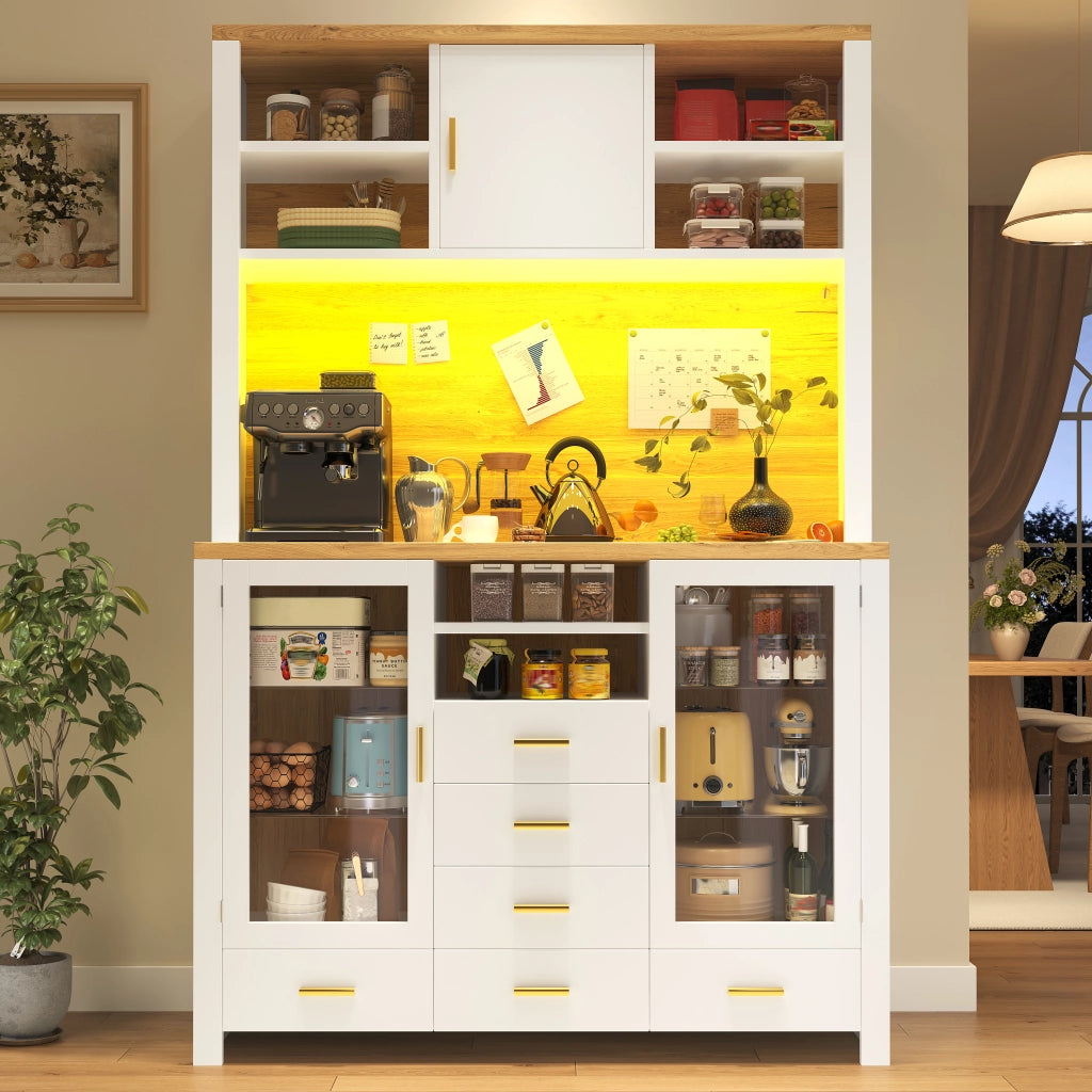 Credenza con illuminazione LED controllabile tramite app in MDF e vetro bianca effetto legno con sistema antiribaltamento