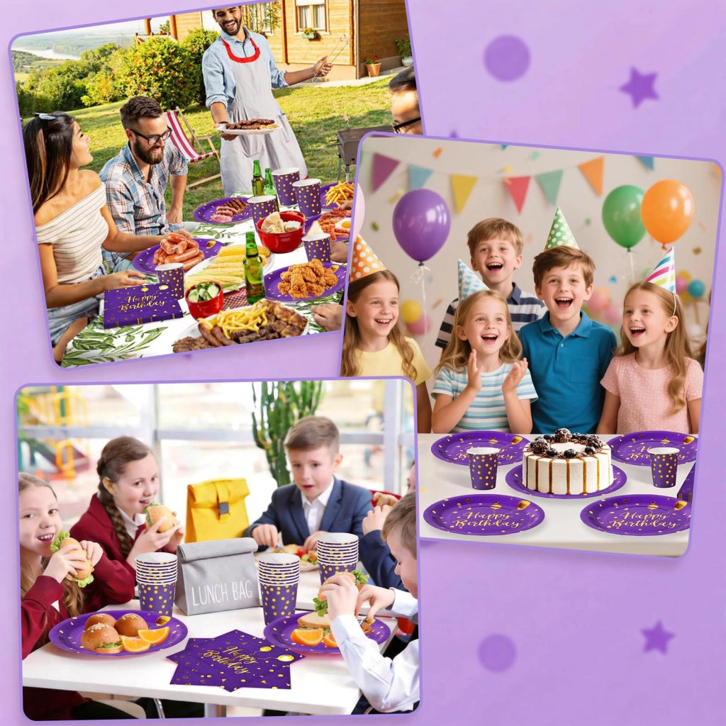 Set di stoviglie usa e getta, 72 pezzi, color lilla e oro, per 24 ospiti