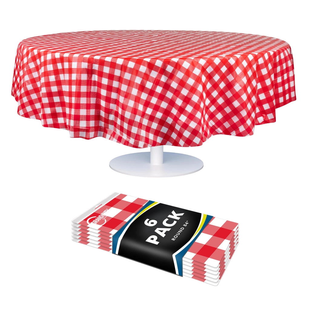 Tovaglia usa e getta rotonda, set da 6, 84 pollici, a quadretti rossi e bianchi, in plastica