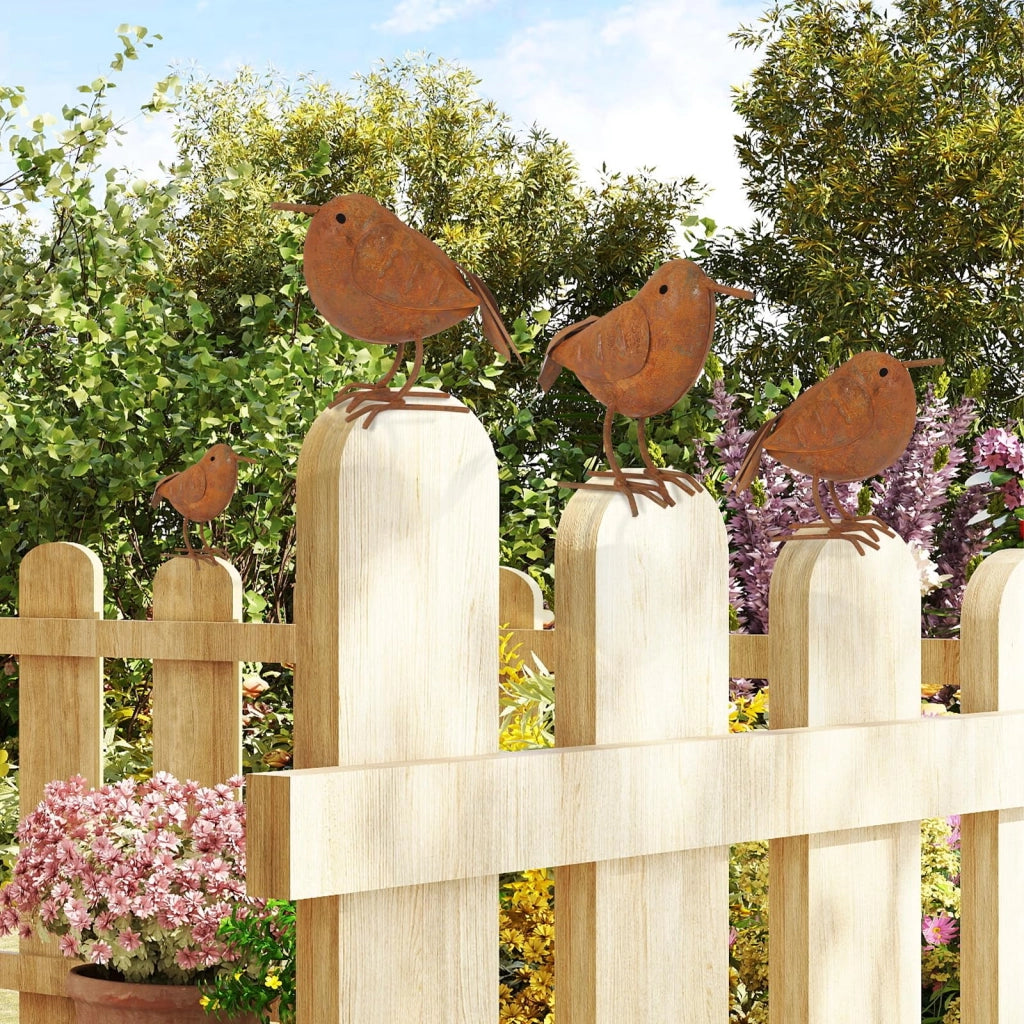 Set di decorazioni per il giardino, composto da 4 uccelli in metallo arrugginito, resistenti agli agenti atmosferici, con un aspetto rustico