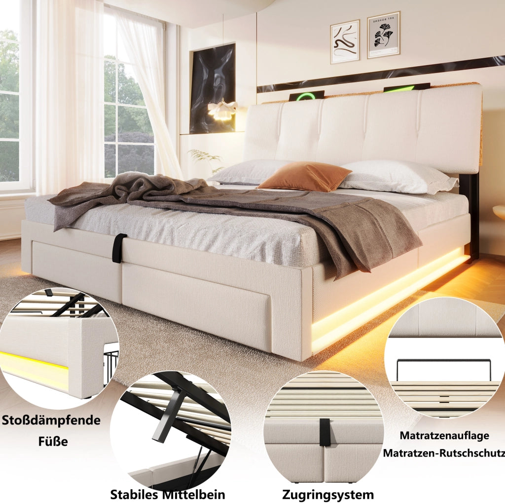 Letto contenitore imbottito 140x200 beige in lino con LED e USB-C, materasso incluso