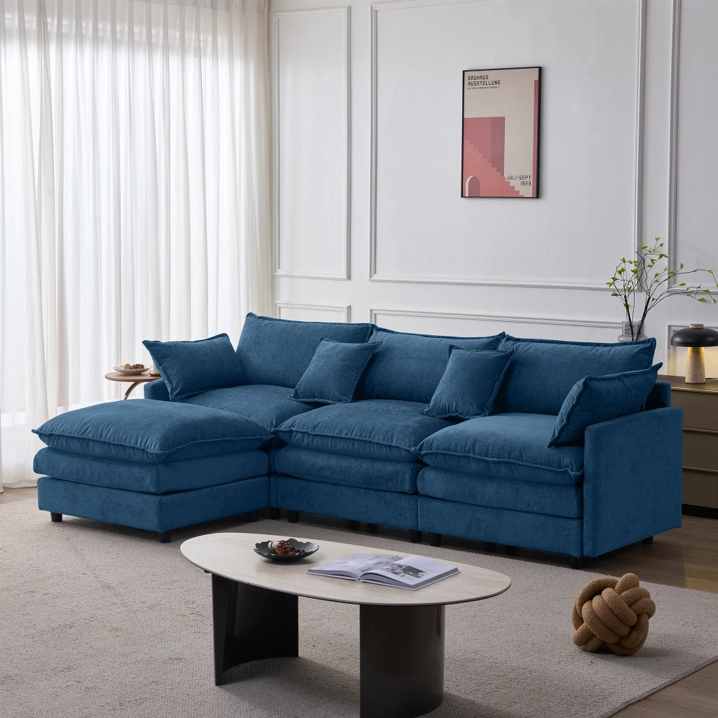 Divano angolare modulare a 3 posti con pouf mobile in ciniglia blu struttura in legno e cuscini sfoderabili