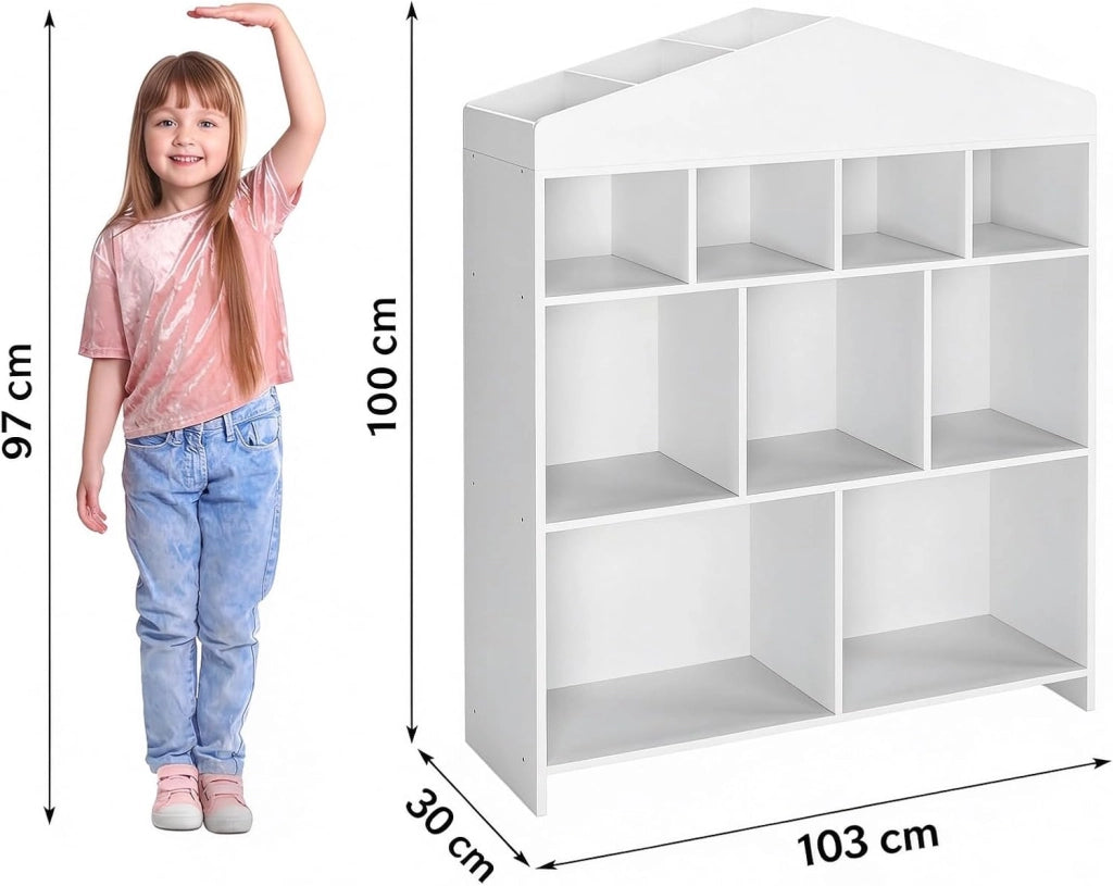 Libreria a forma di casetta per bambini; ideale per giocattoli e libri.