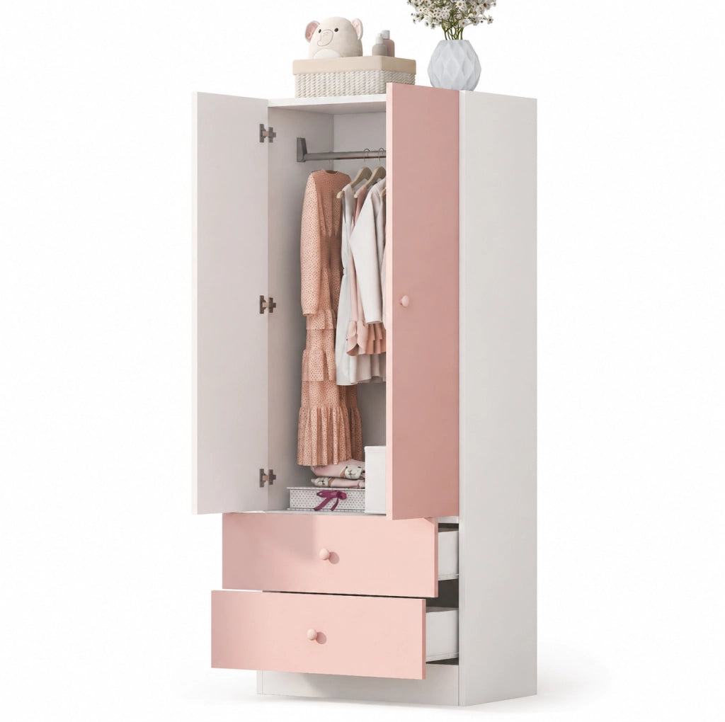 Armadio rosa e bianco 70 x 40 x 170 cm con 2 cassetti