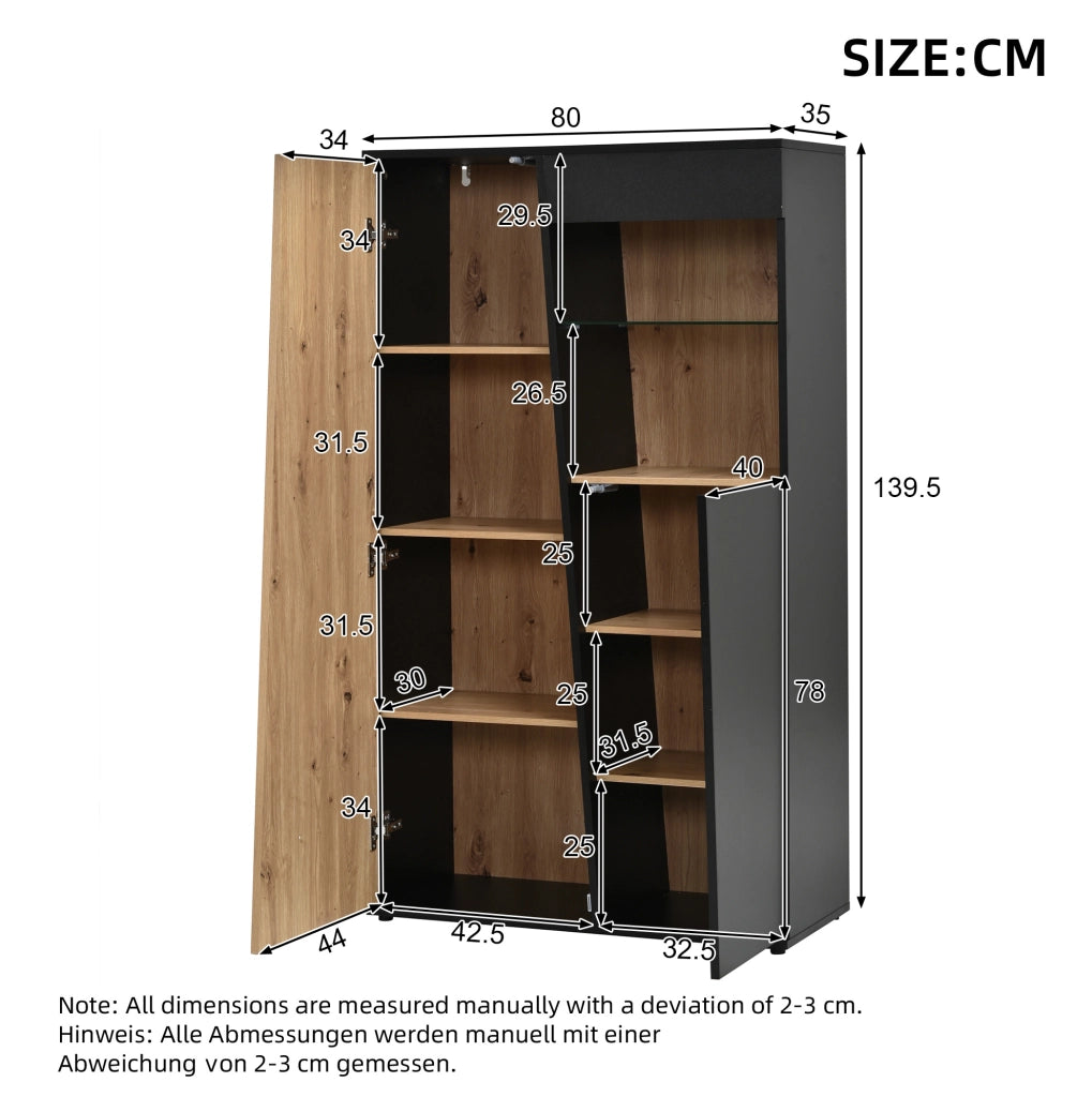 Vetrina alta con LED Bluetooth, 2 ante, 80x35x139,5 cm