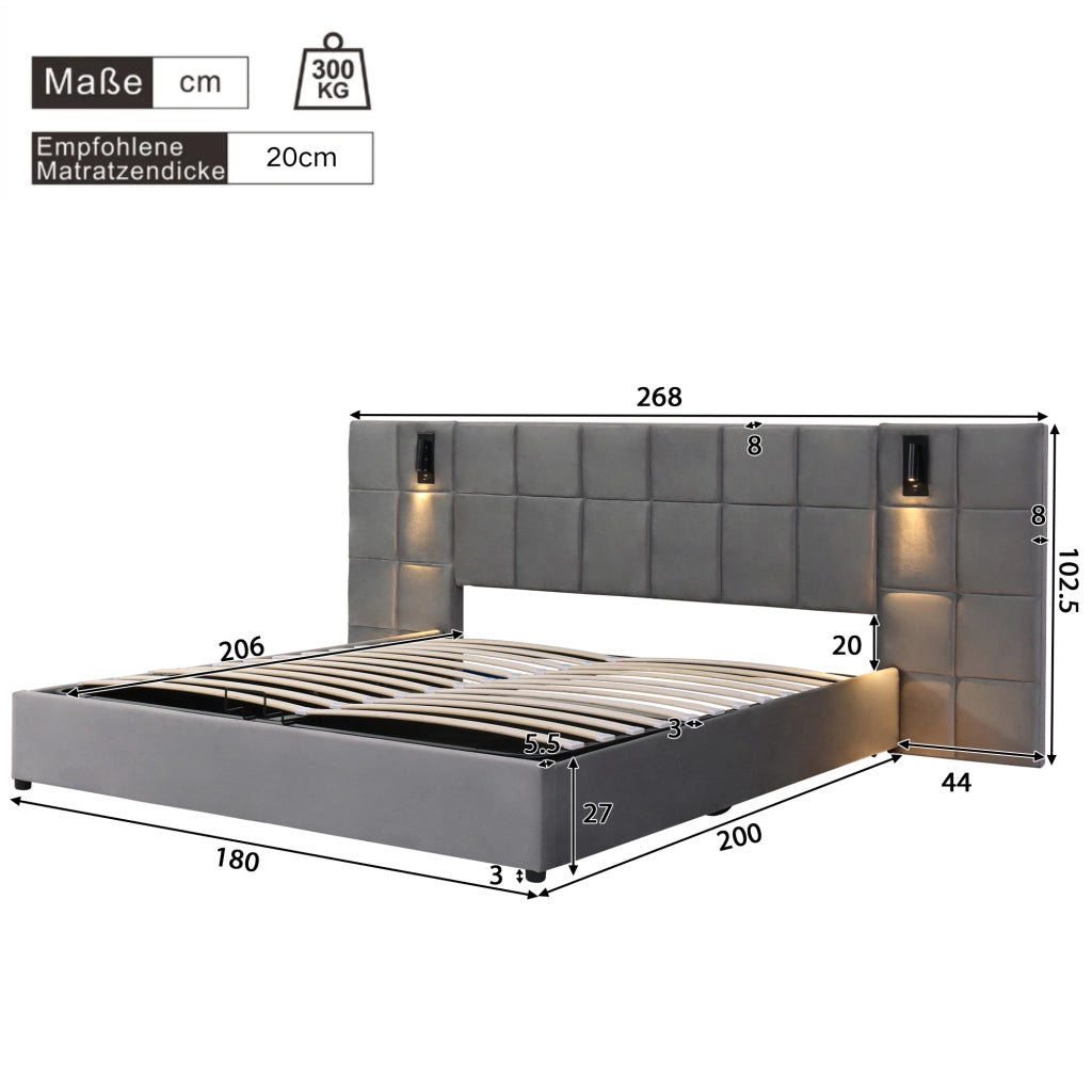Letto matrimoniale imbottito 180 × 200 cm contenitore idraulico in acciaio grigio con luce da lettura e USB