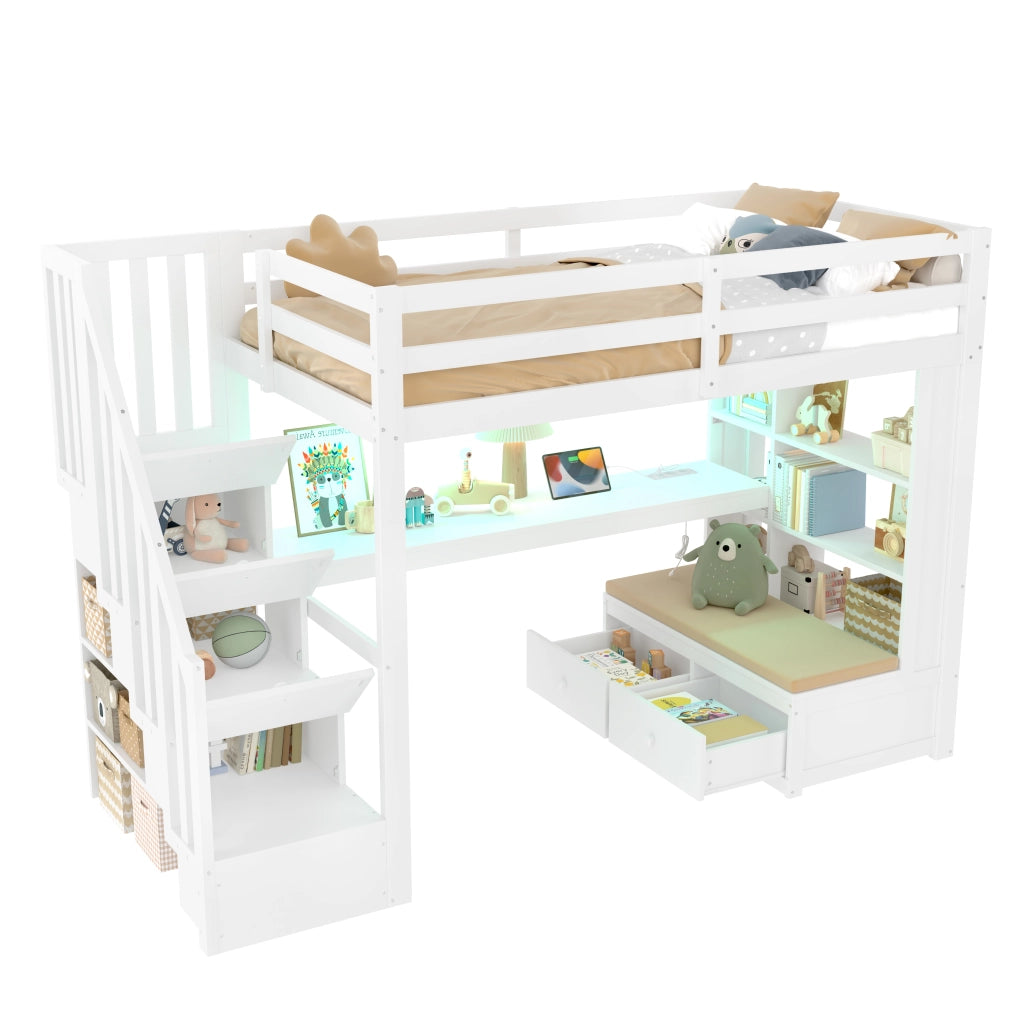 Letto a soppalco 90x200 con scrivania; scala contenitore e 2 cassetti; in pino e MDF; bianco