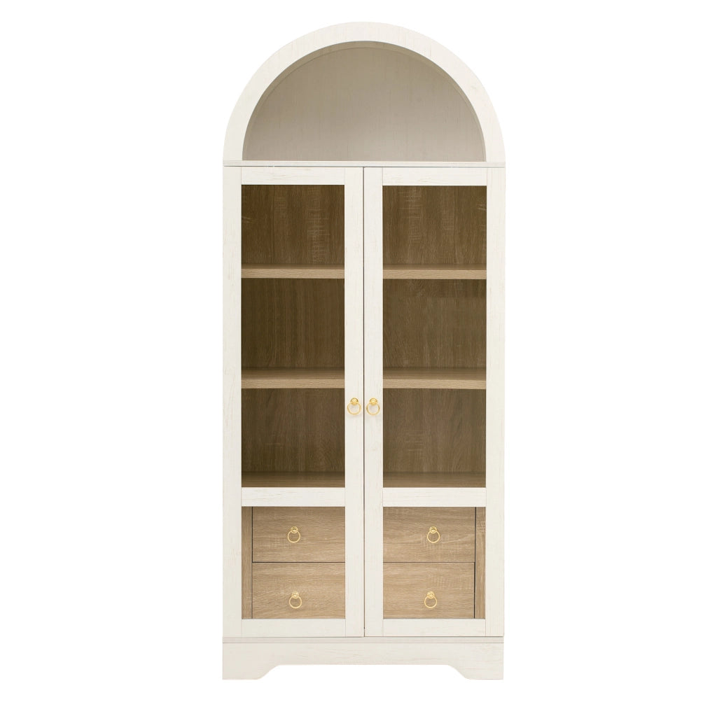 Credenza bianca con ante in vetro, ripiani regolabili e cassetti