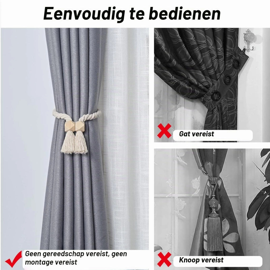 4 supporti per tende magnetici, realizzati in cotone e legno, color beige
