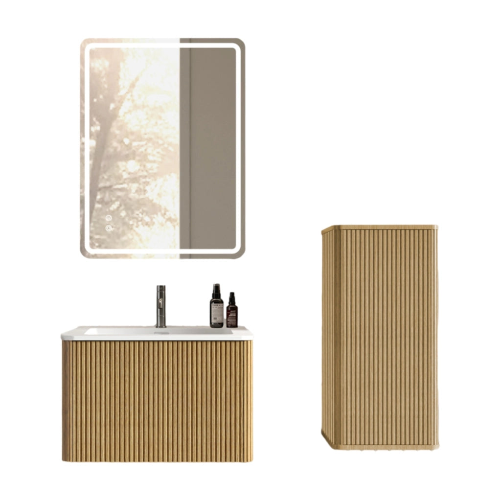 Mobile bagno 60 cm con specchio LED, lavabo e colonna, finitura quercia