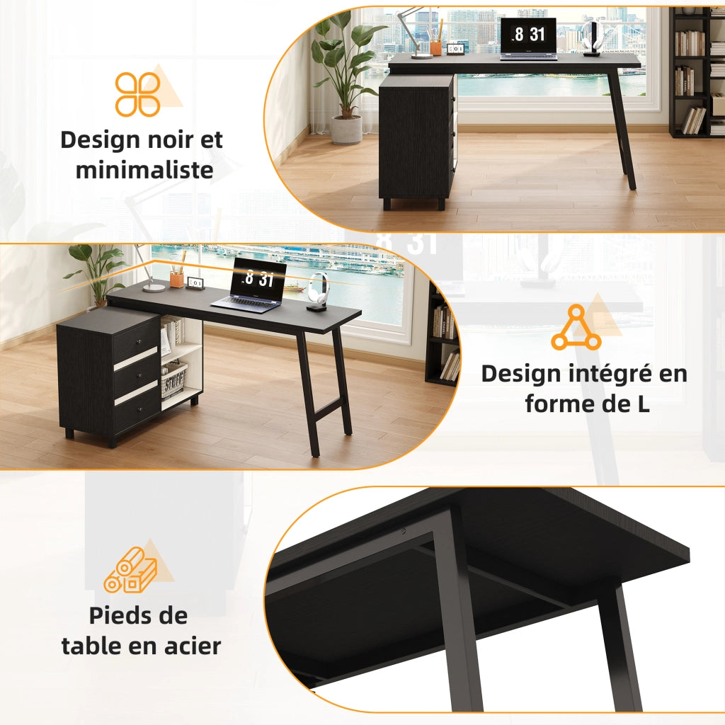 Scrivania angolare 150x100x76 cm con 3 cassetti e 2 ripiani; MDF e metallo nero e bianco per studio e ufficio