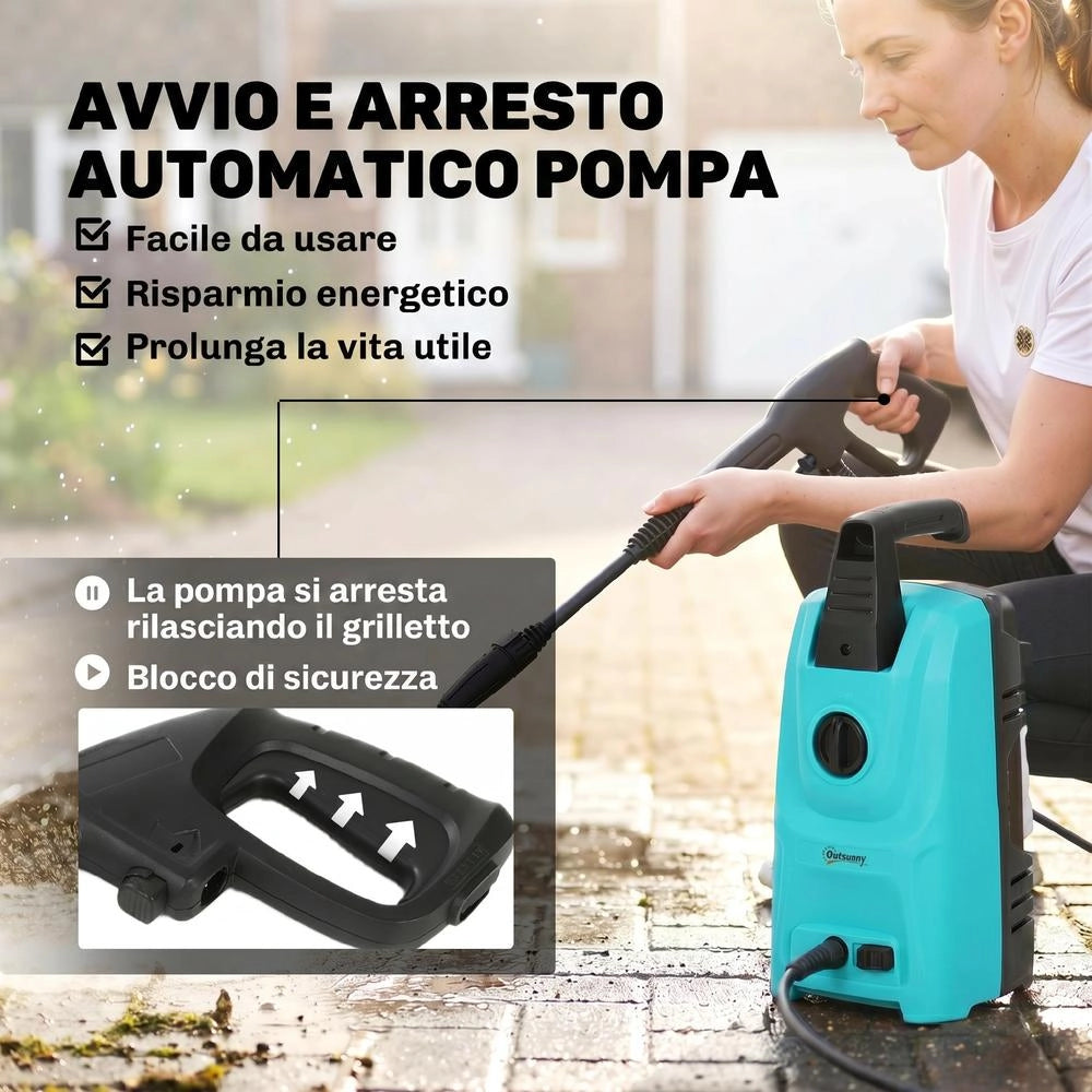 Idropulitrice ad alta pressione 1500W compatta con ugello regolabile e kit pulizia per auto e giardino, 20.5x19x40.4 cm, blu