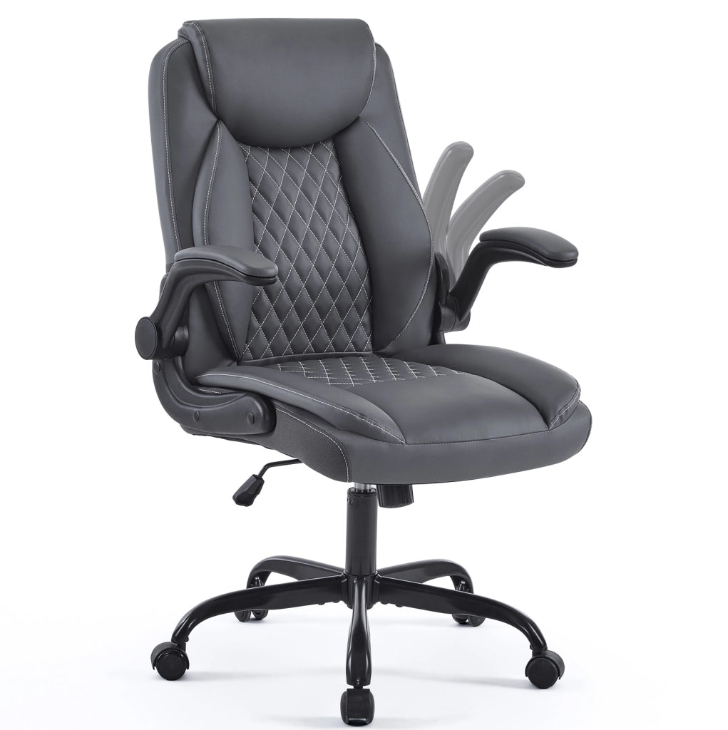 Sedia da ufficio ergonomica grigia in similpelle con braccioli