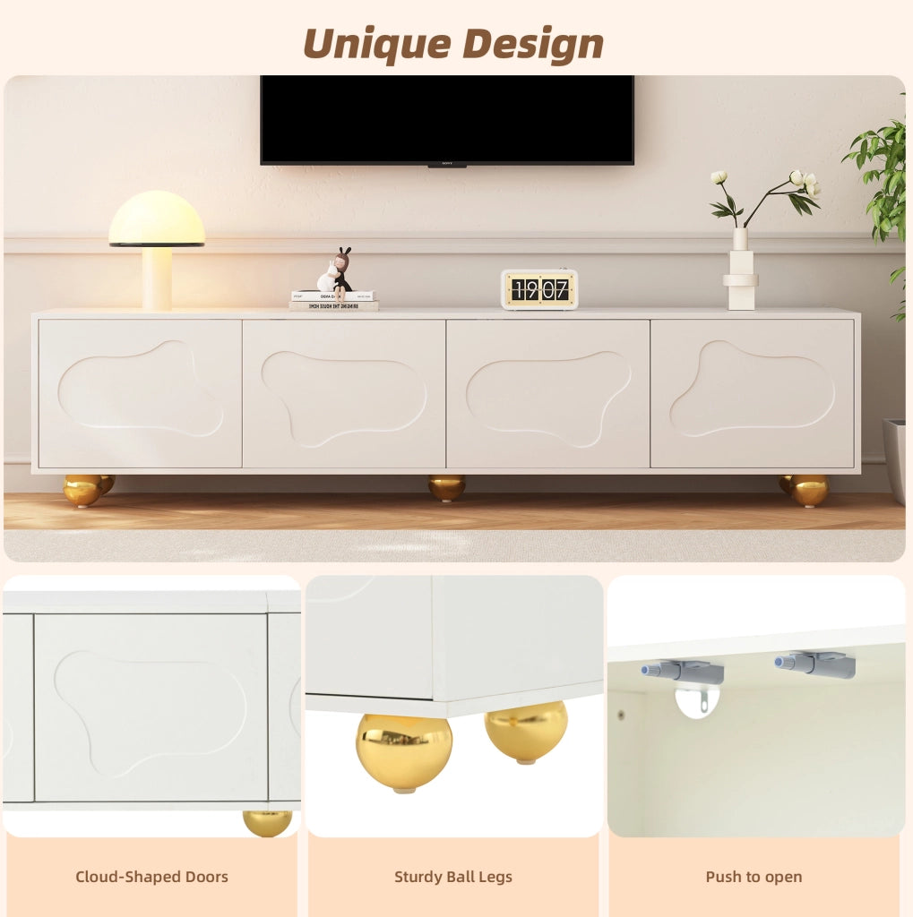 Mobile TV in legno laminato bianco caldo 180x40x45 cm con 2 armadietti e 5 piedi, porta TV a forma di nuvola per TV fino a 75 pollici
