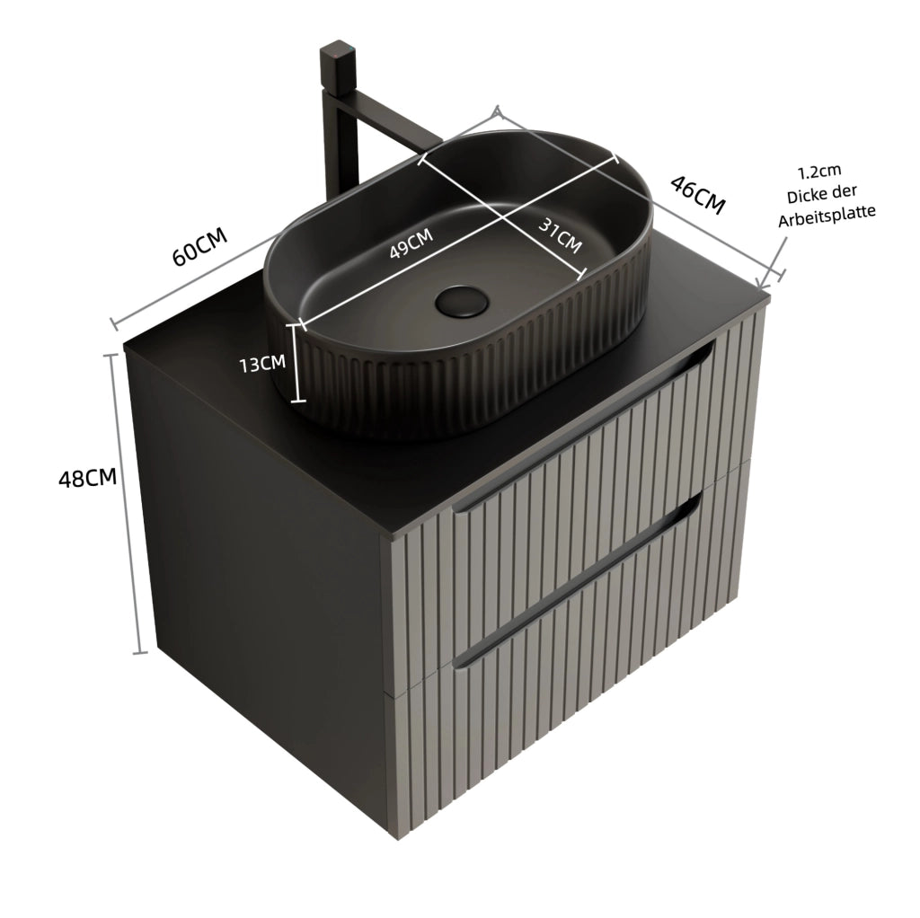 Mobile lavabo sospeso 60 cm nero e grigio scuro, lavabo ovale, 2 cassetti