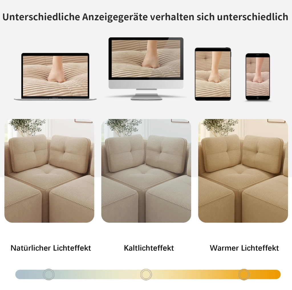 Divano angolare modulare in velluto a coste beige