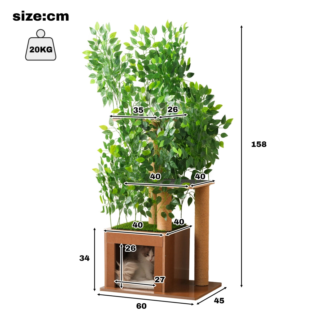 Tiragraffi per gatti a forma di albero con piattaforme e letto, MDF verde, 60×45×158 cm