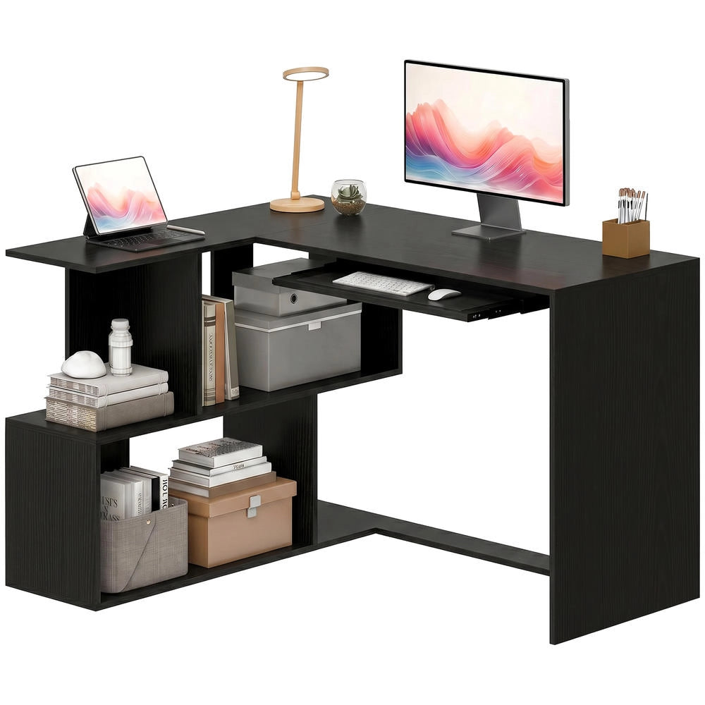 Scrivania Angolare per Computer a L con Ripiano Tastiera e 4 Scomparti Salvaspazio 120 x 100 x 76 cm Nero