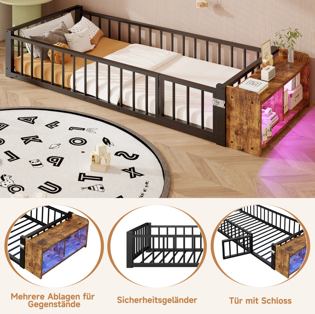 Letto singolo per bambini 90x200 cm con sponda; vano aperto e LED in metallo e MDF; nero