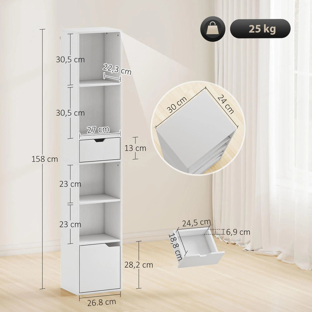 Libreria salvaspazio con cassetto anta e 4 ripiani mobile contenitore per casa 30 x 24 x 158 cm bianco