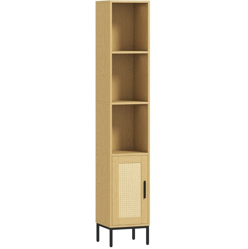 Mobile bagno alto e stretto effetto legno naturale e rattan