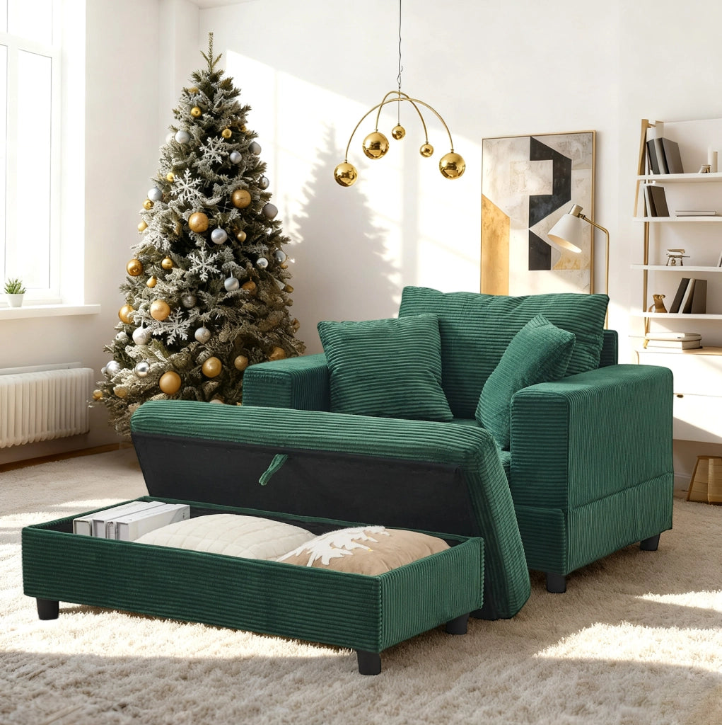 Chaise longue contenitore in velluto a coste verde smeraldo
