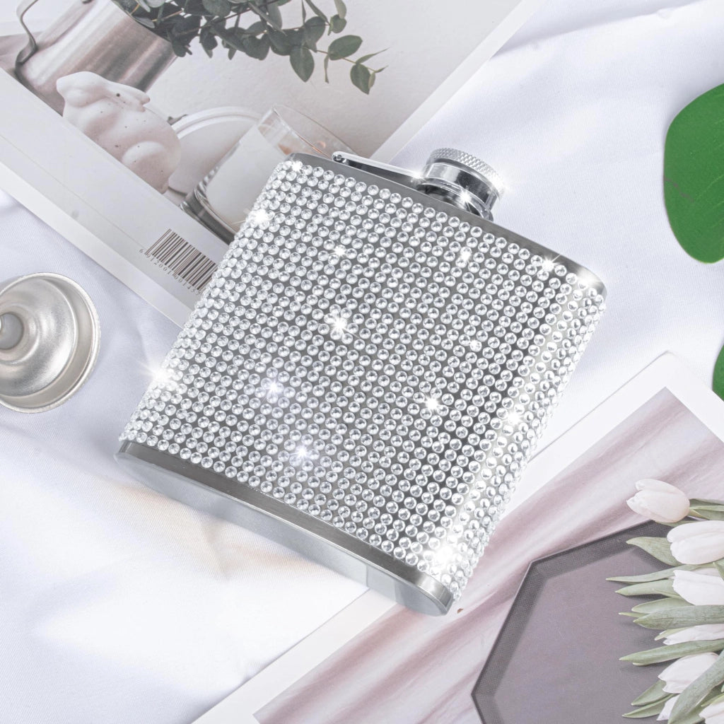 Borraccia da cintura da 6 oz in acciaio inossidabile, con decorazioni in strass, inclusa una imbuto