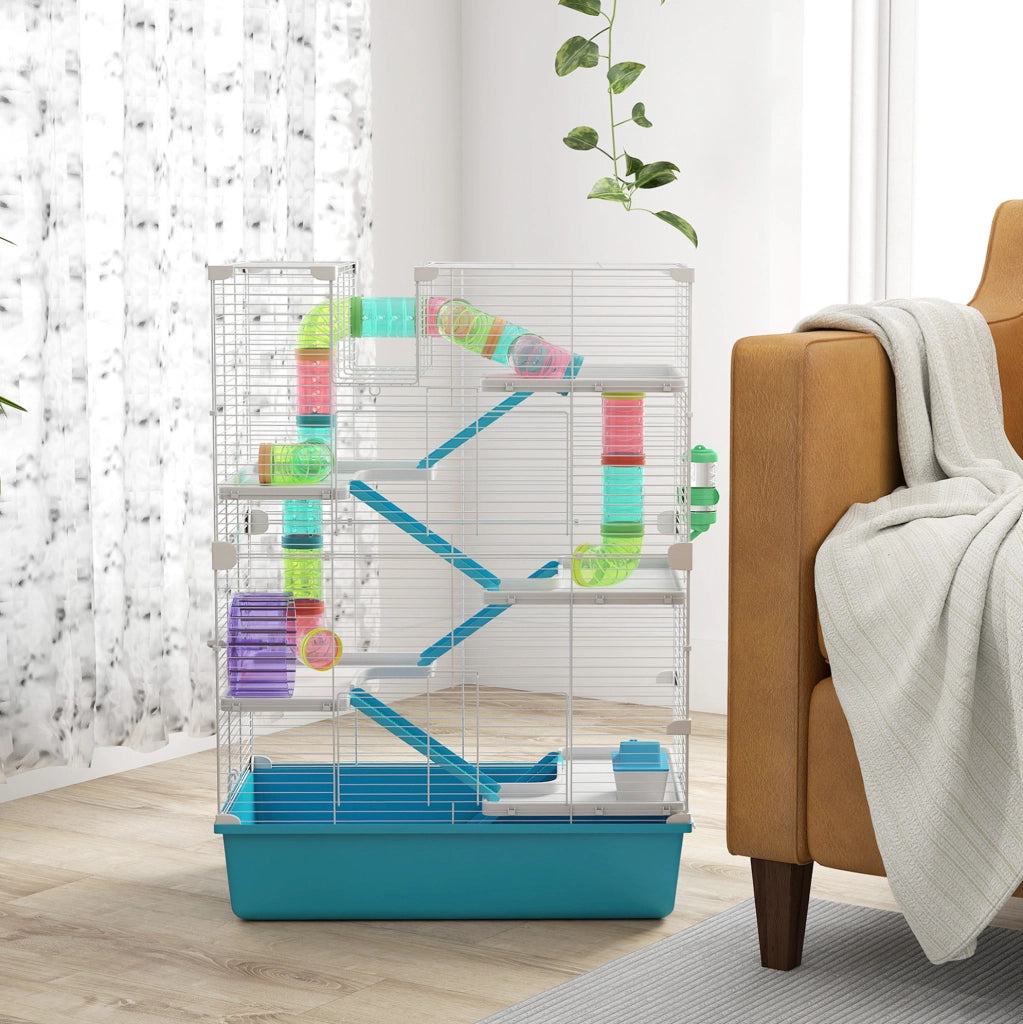 Gabbia per criceti a 6 livelli con tubi e accessori, azzurro chiaro