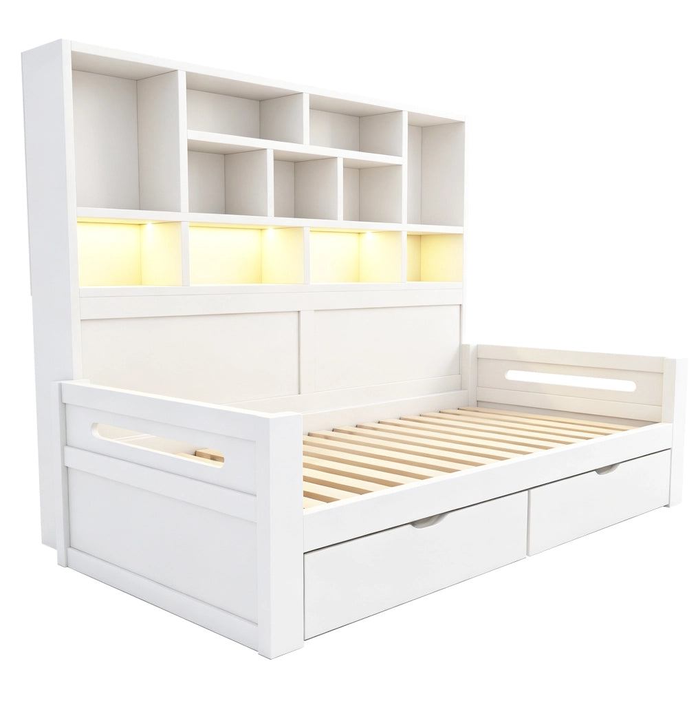 Letto divano 90 x 200 cm bianco con cassetti, LED e prese