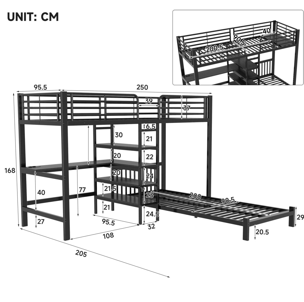 Letto a Castello Matrimoniale 90x200 cm con Scrivania e Porte USB Nero in Ferro e MDF