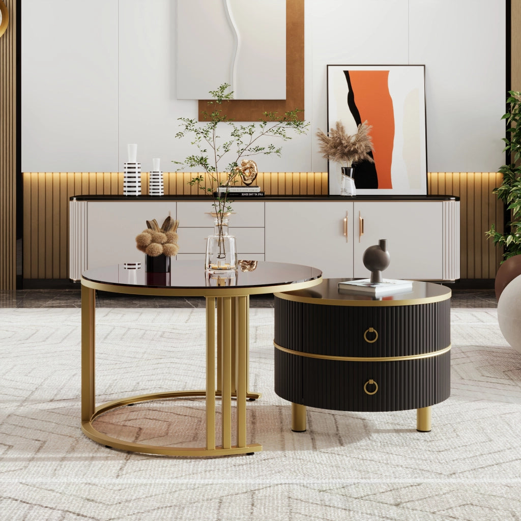 Tavolino da salotto set di 2 rotondi con 2 cassetti in MDF e vetro temprato nero e oro con gambe in metallo
