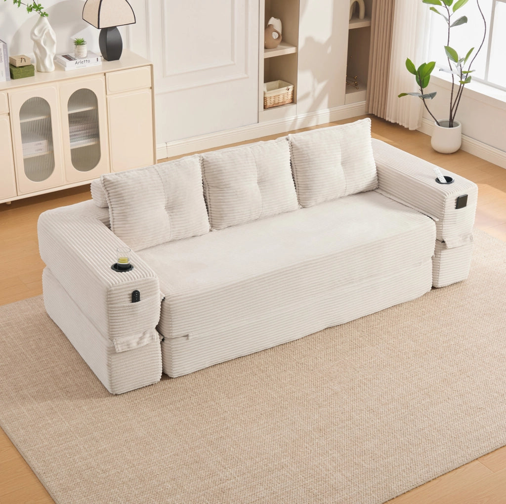 Divano letto pieghevole in velluto a coste beige con portabicchieri