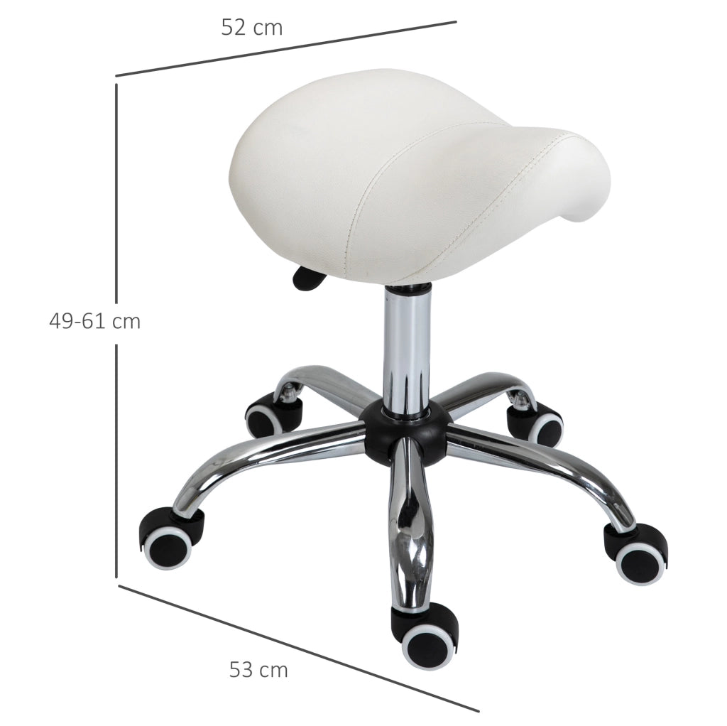 Sgabello a sella girevole bianco con ruote, regolabile 49–61 cm