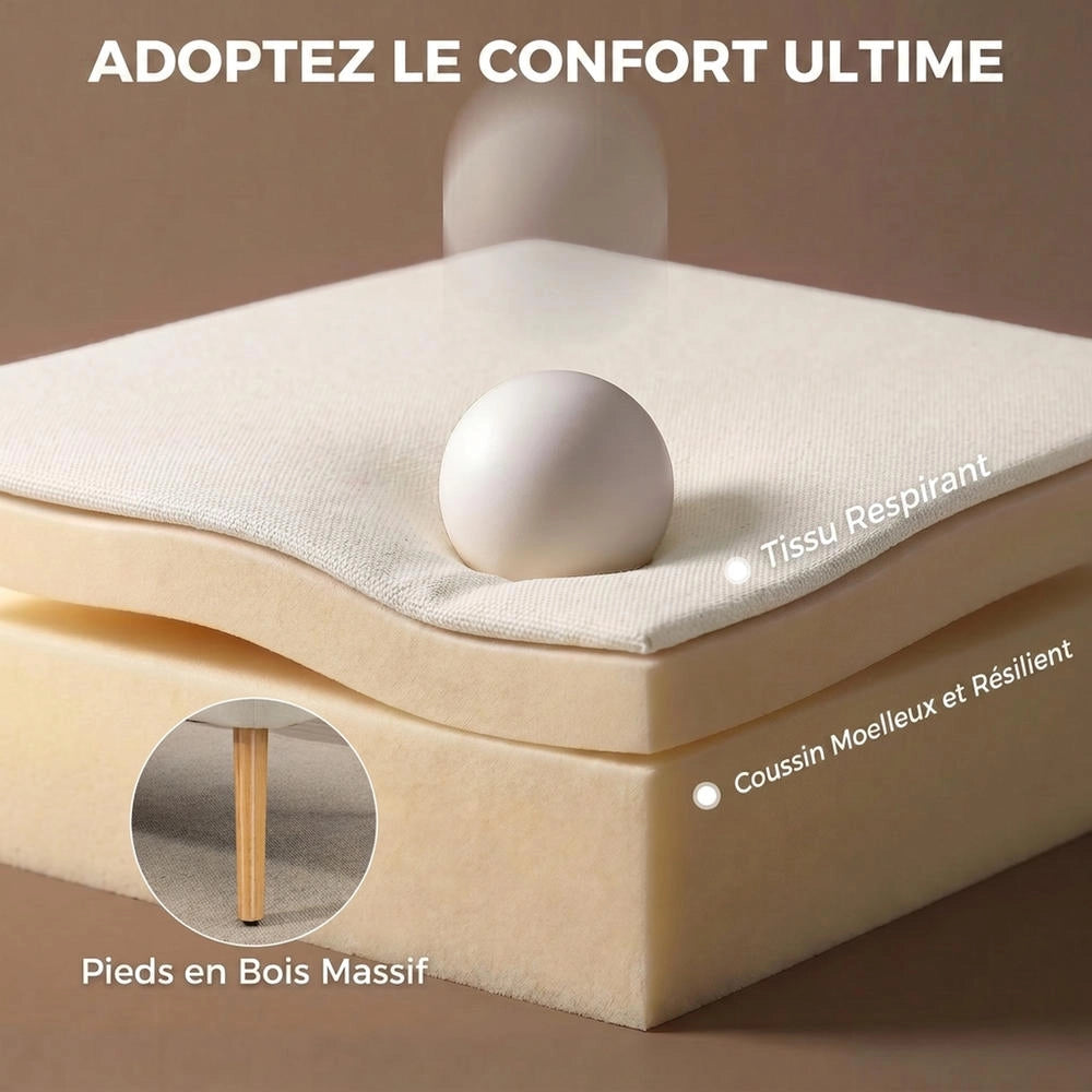 Divano 2 posti in tessuto effetto lino con gambe in legno, divanetto imbottito salvaspazio per soggiorno, crema 117x56,5x77cm