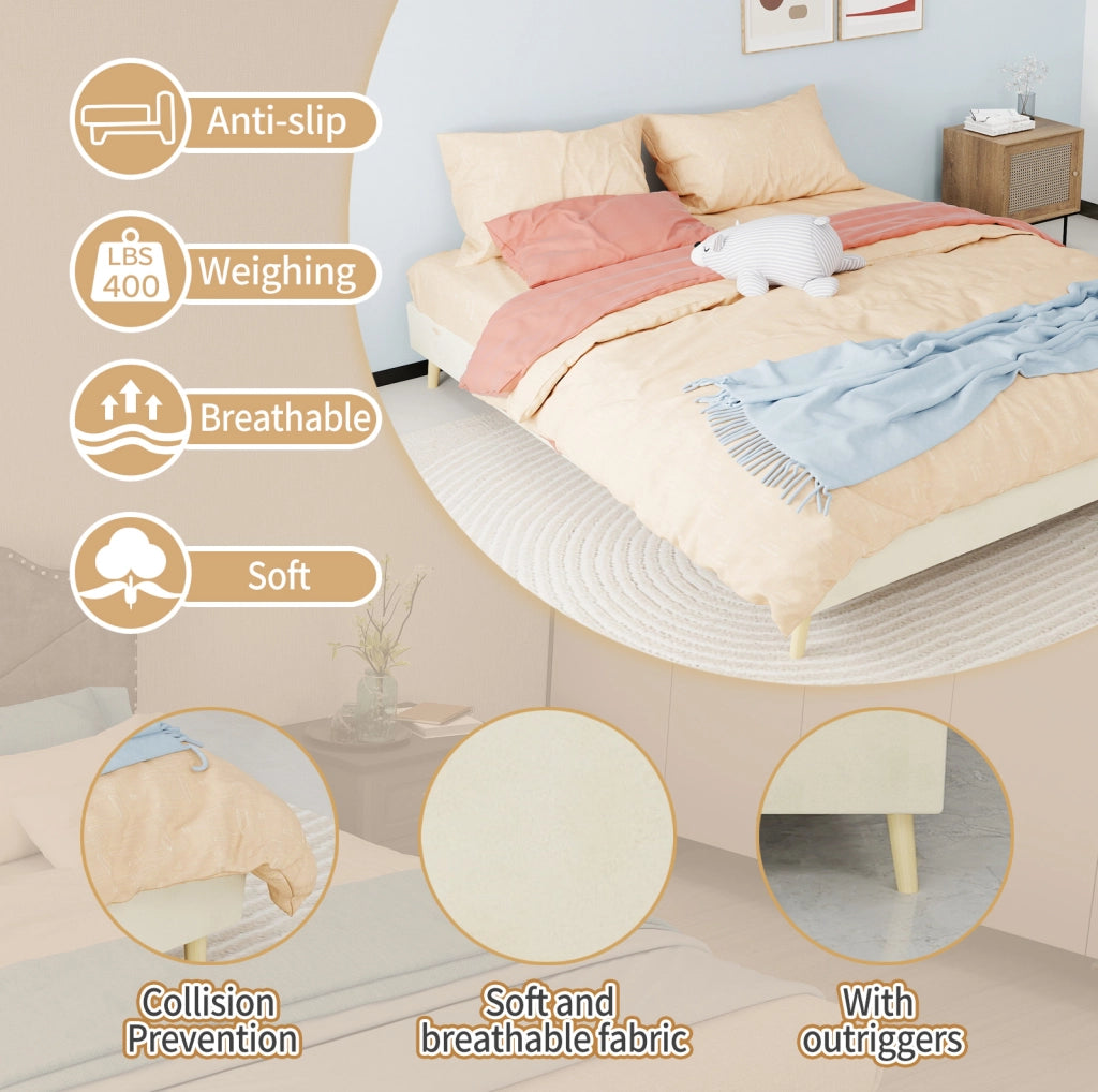 Struttura letto matrimoniale 160x200 cm in tessuto beige con base bassa e struttura in metallo