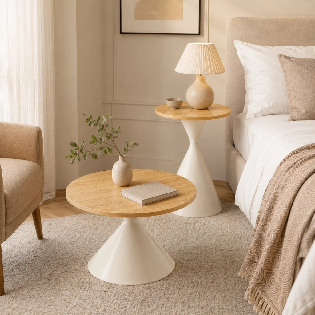 Tavolini da salotto set di 2 rotondi Ø 70 × 40 cm e Ø 50 × 55 cm in MDF e metallo bianco effetto legno