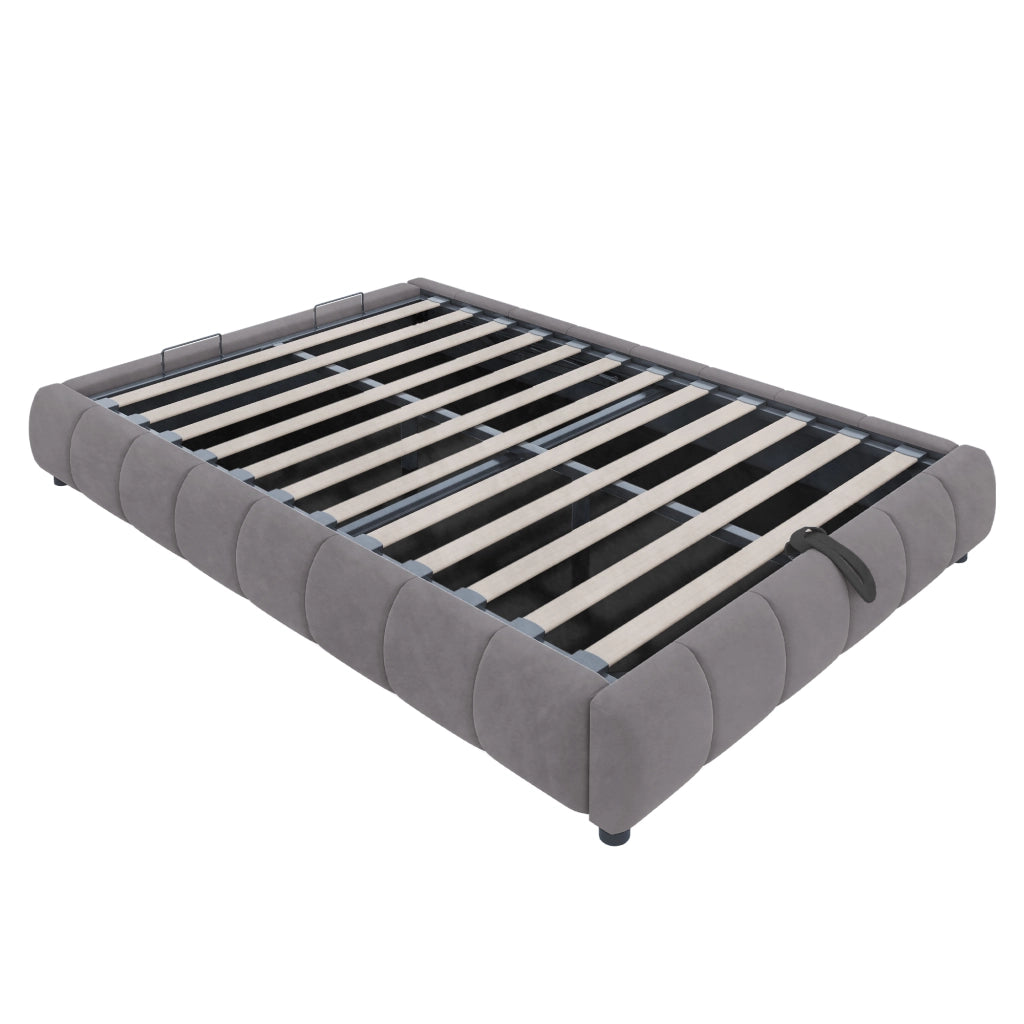 Letto imbottito 140x200 cm con vano contenitore idraulico e LED bianco; velluto grigio; senza testiera