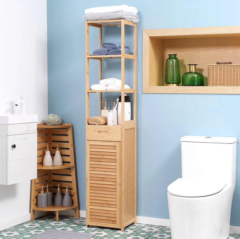 Mobile da bagno in bambù naturale 32x30x163 cm, salvaspazio