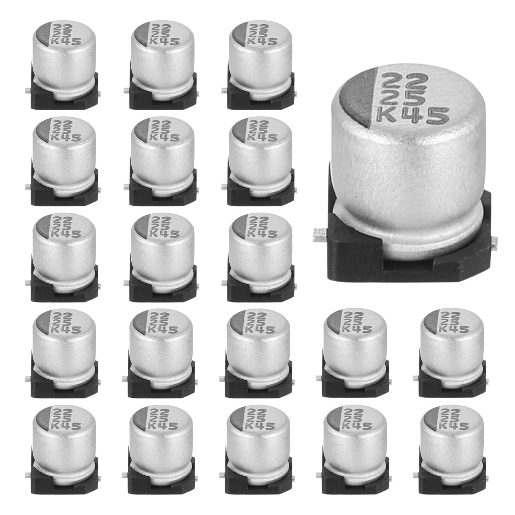 Condensatori elettrolitici in alluminio, 22 µF, 25 V, dimensioni 5x5,4 mm, confezione da 20 pezzi.