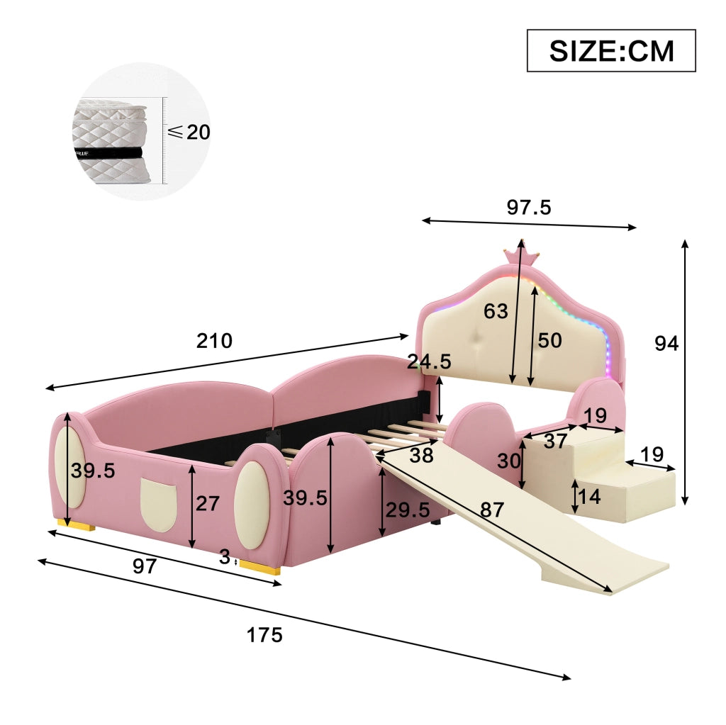 Letto per bambini imbottito 90x200 cm con scivolo; scala e LED multicolore; rosa e beige