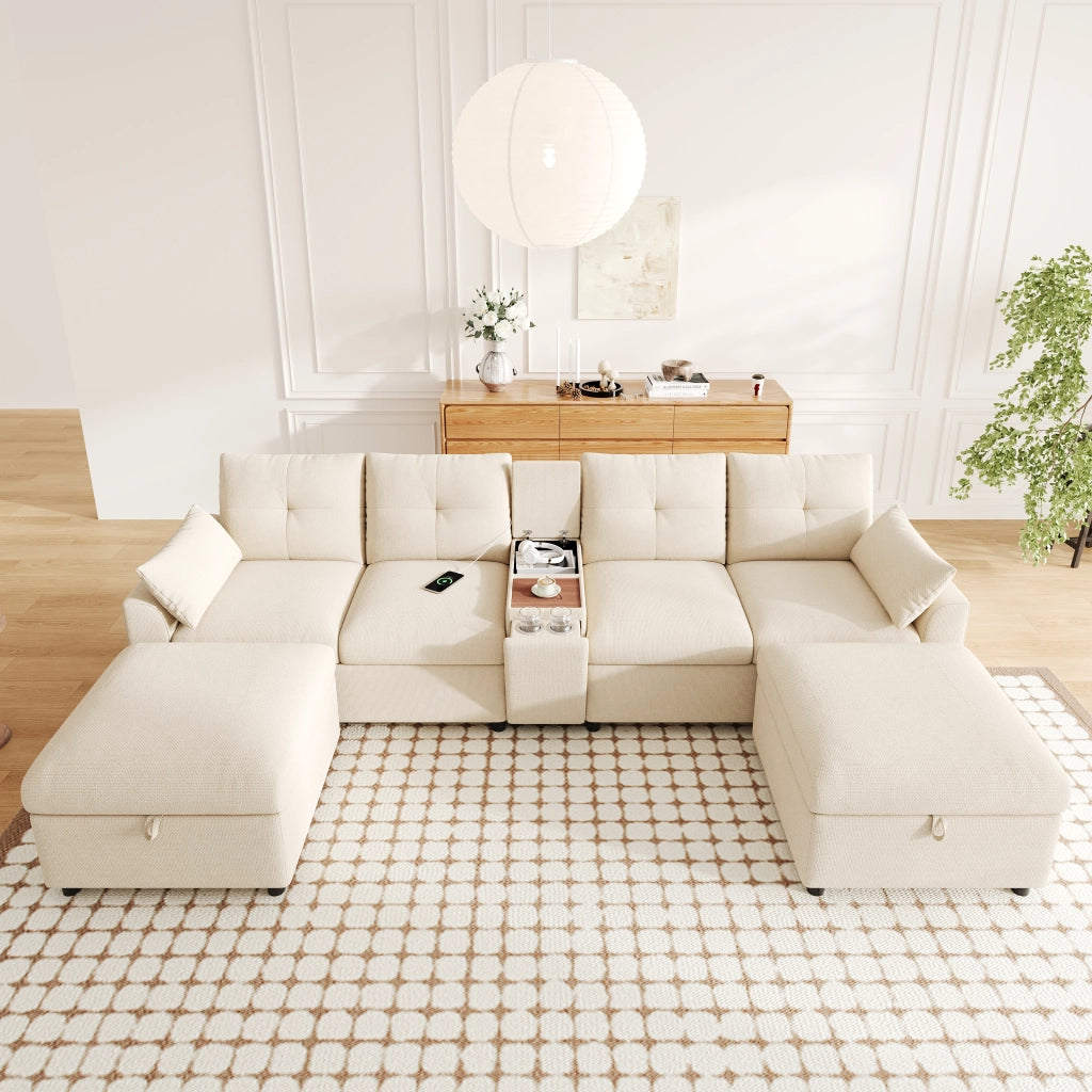 Divano panoramico modulare a 6 posti in chenille beige con console USB Type-C e 2 pouf contenitore 84.5 × 316 × 140 cm