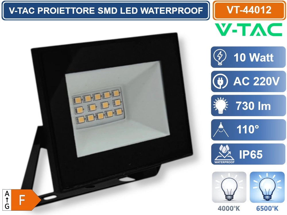V-TAC VT-44012-B PROIETTORE FARO SMD LED ULTRASLIM 10W COLORE NERO DA ESTERNO IP65 - Colore Luce:Bianco Naturale