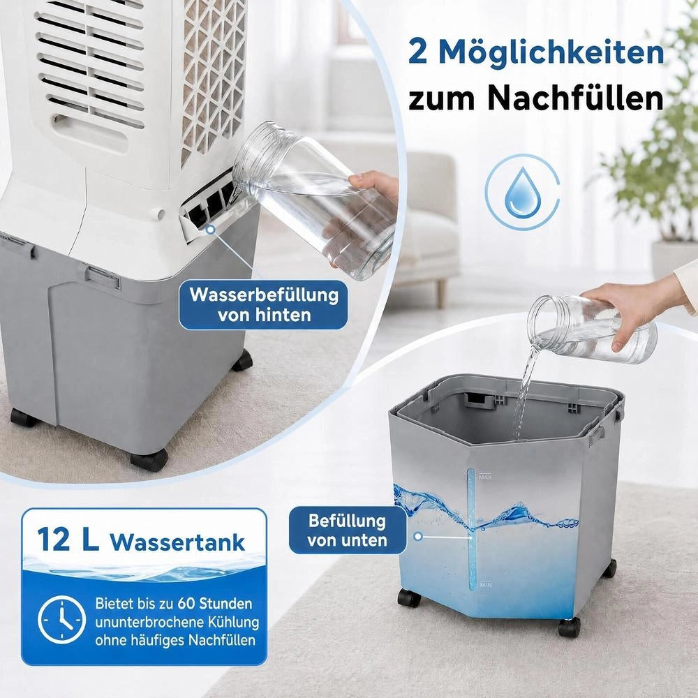 Raffrescatore Evaporativo 3 in 1 Ventilatore a Torre Umidificatore 12L con Telecomando 12 Velocità Timer 8H e 2 Panetti Ghiaccio