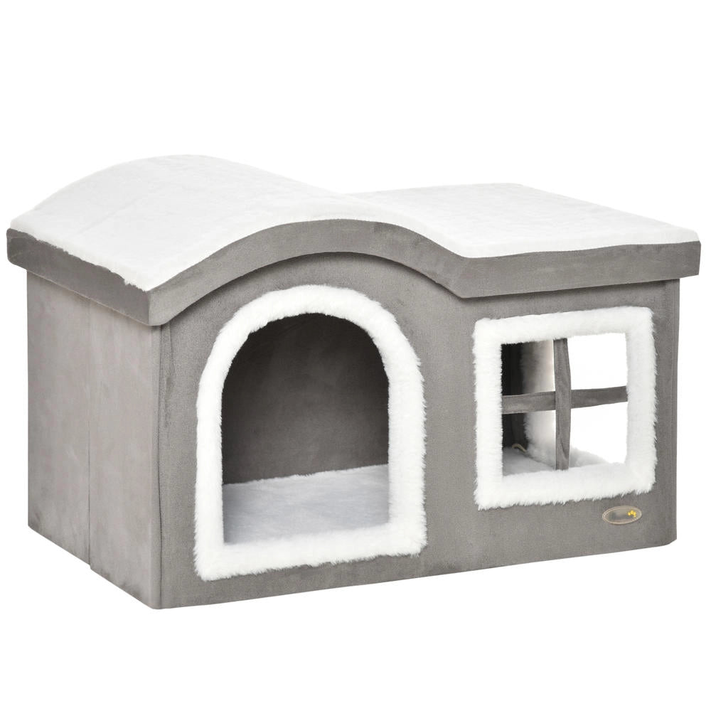 Casetta per gatti da interno in legno MDF e truciolare, cuccia con 2 entrate, cuscino e base antiscivolo, 63.5x37x40cm, grigio