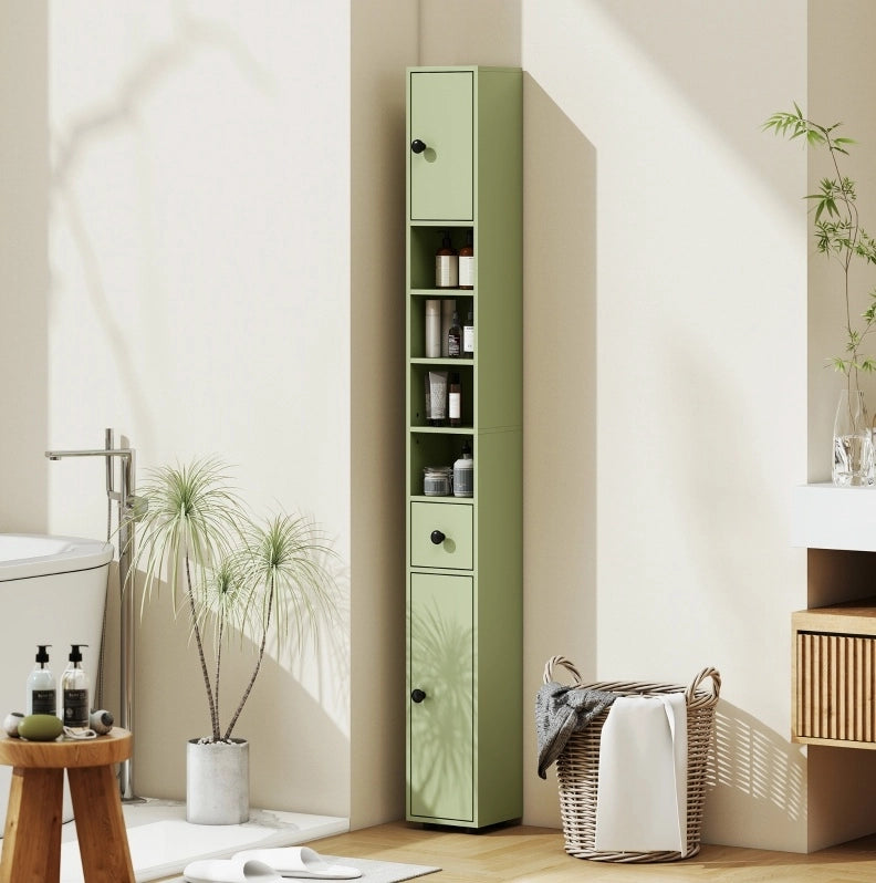 Colonna bagno stretta 20 x 20 x 180 cm verde con cassetto e vani