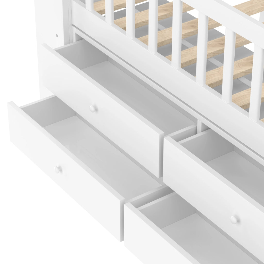 Letto per bambini a soppalco 90 × 200 cm a forma di casa con 4 cassetti scala con ripiani LED bianco