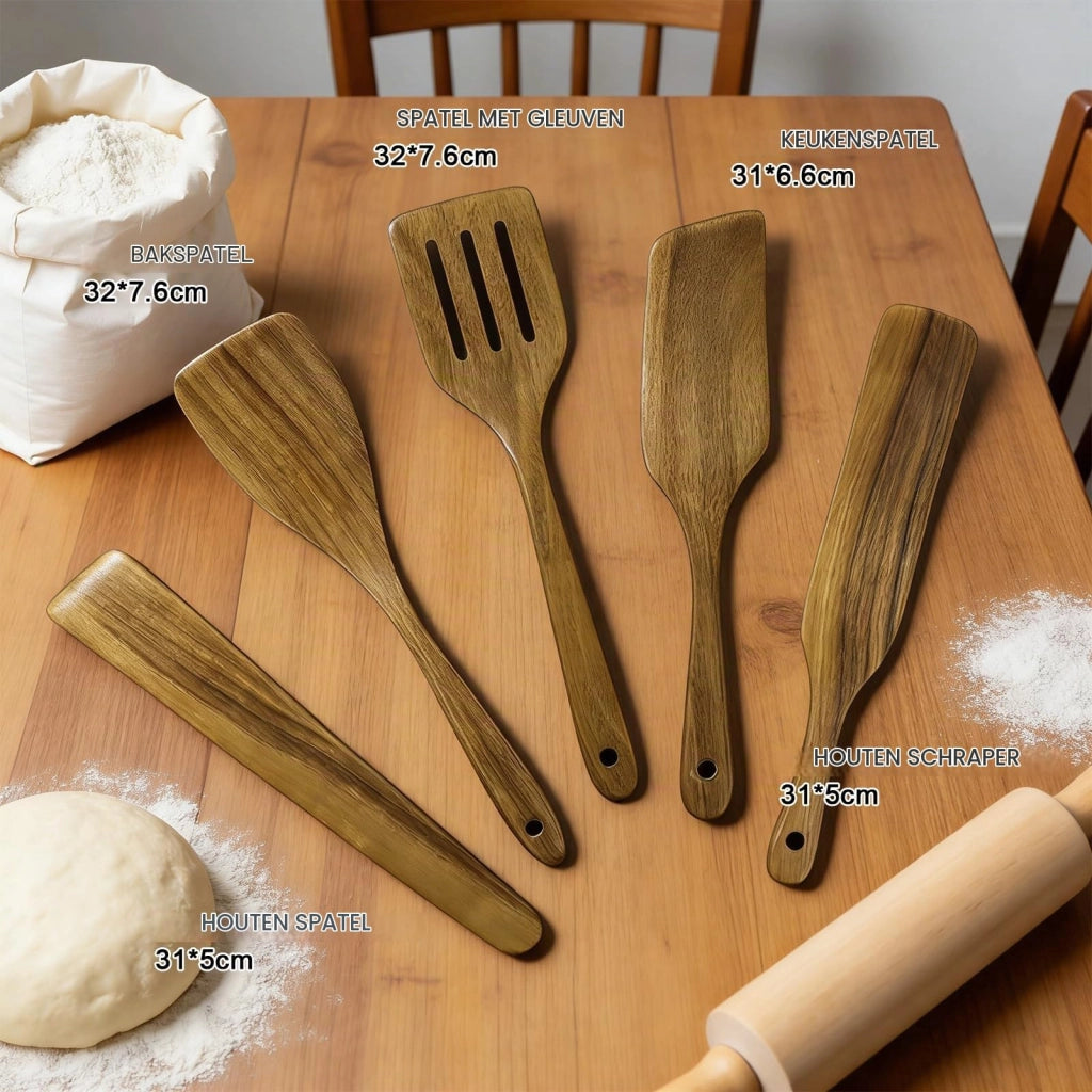 Set di 5 utensili da cucina in legno, realizzati in legno di acacia, composto da spatola e cucchiai
